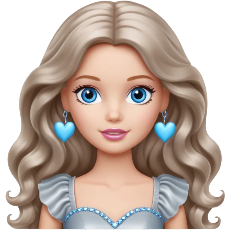 There are grey hearts all around Barbie girl Chestnut long wavy hair and blue eyes is In pale silver clothes emoji