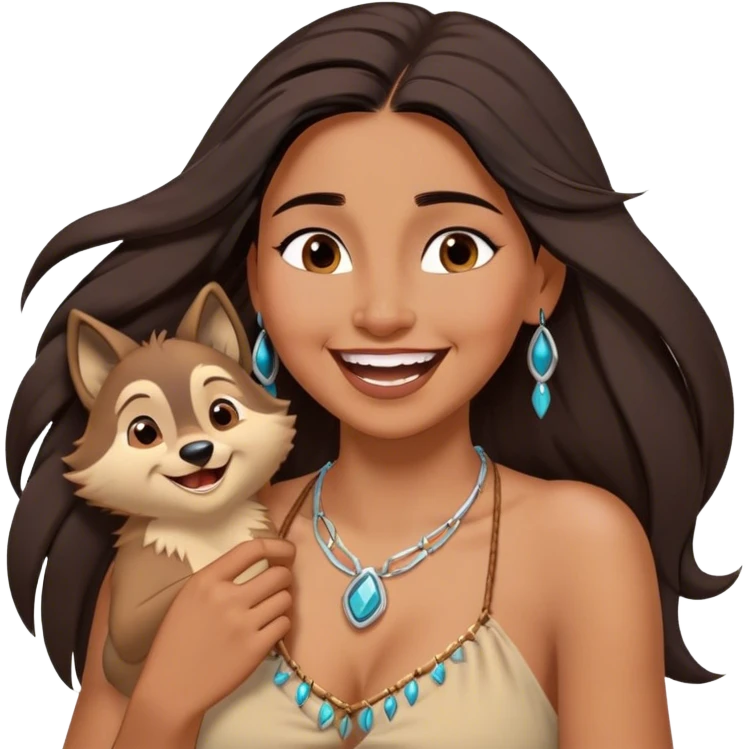 Cinematic Adorable Pocahontas Portrait Emoji, Laughing softly as Meeko tugs at her necklace, hair tousled in the wind, eyes full of warmth, a carefree spirit shining through, capturing the essence of beauty and playfulness! emoji