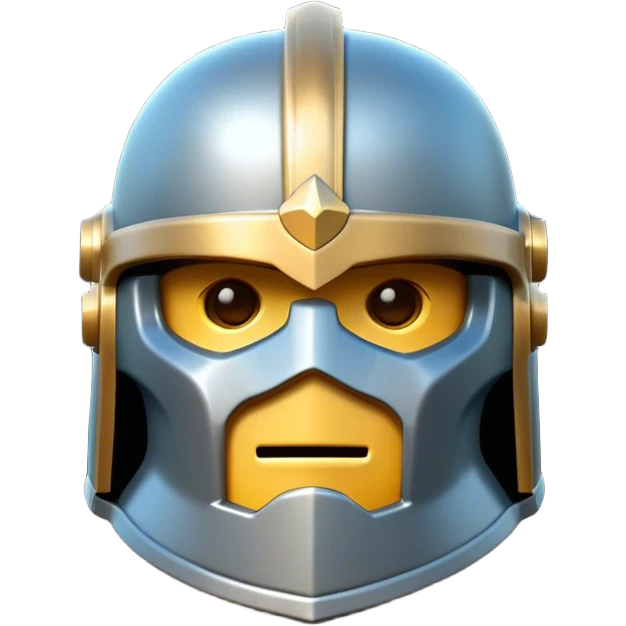 Clash of Clans aesthetic: Cinematic Playful Steel Helm Emoji, rendered in a 3D vector-style similar to standard emojis with minimal shading and bold, simplified shapes. A compact, isometric helmet crafted of shining steel with intricate engravings and a protective visor, softly glowing with a noble warrior charm. Simplified yet unmistakably iconic, highly detailed and consistent, glowing with a soft radiant gleam and high polish. Stylized with a touch of chivalric tradition and a soft glowing outline, capturing the essence of a stalwart battle helm with a friendly, playful manner! emoji