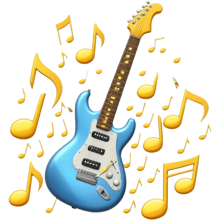 A 3D Apple-style emoji of a bold “ROCK” text written in shiny metallic letters, with an electric guitar leaning on the text, surrounded by small music notes and lightning bolts, energetic and powerful rock music vibe emoji