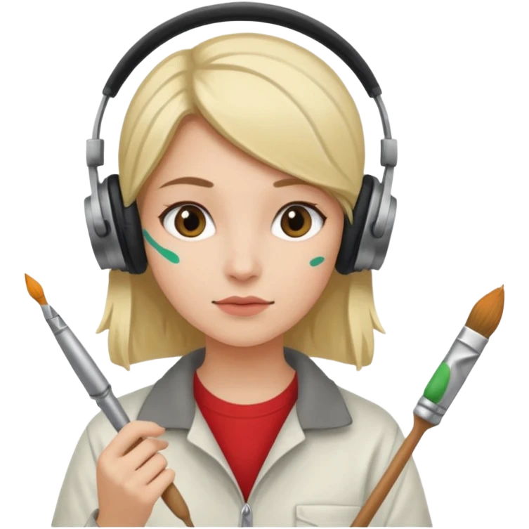 female artist wearing headphone, holding painter emoji