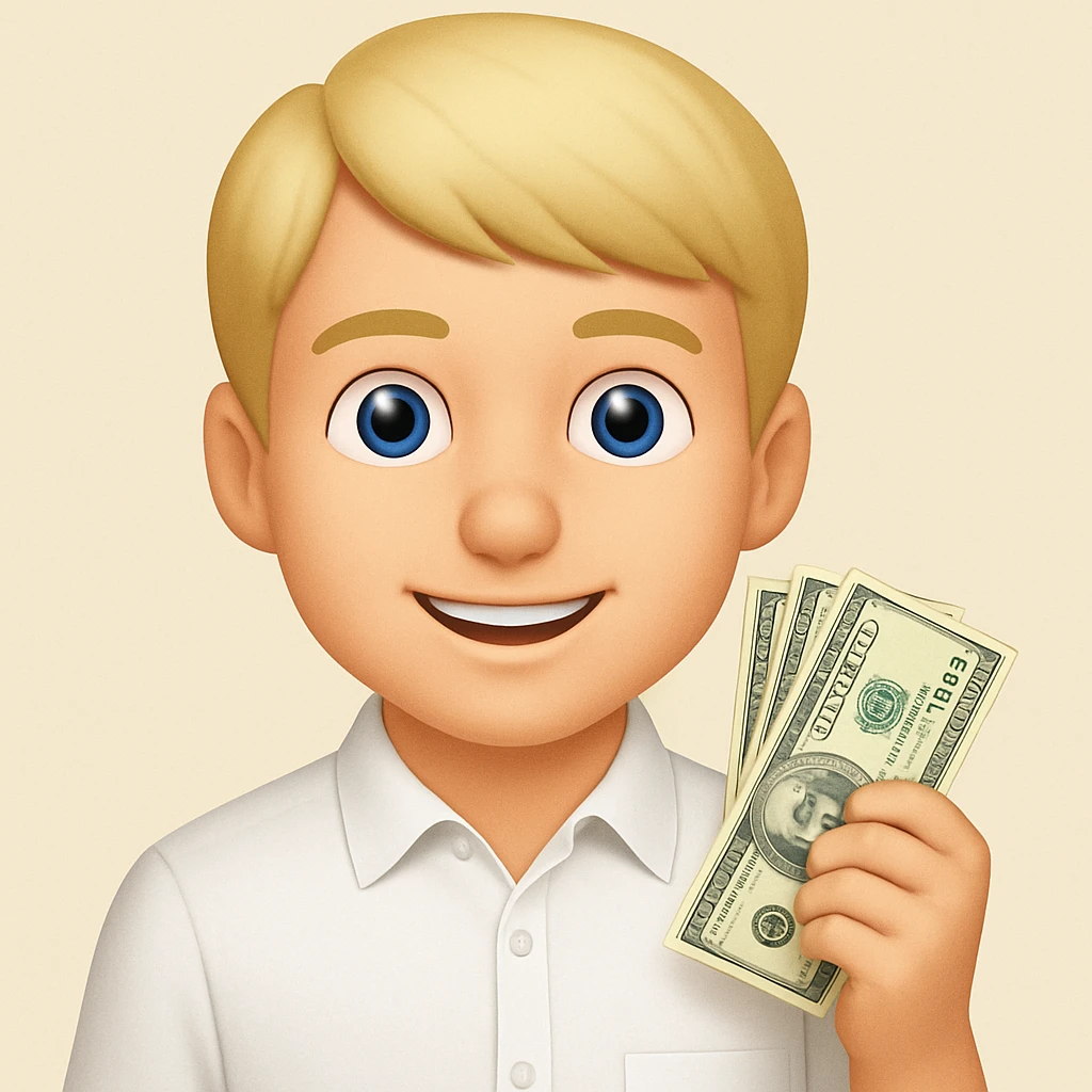 Emoji style, blonde man, blue eyes, white shirt, holding money, no facial hair emoji