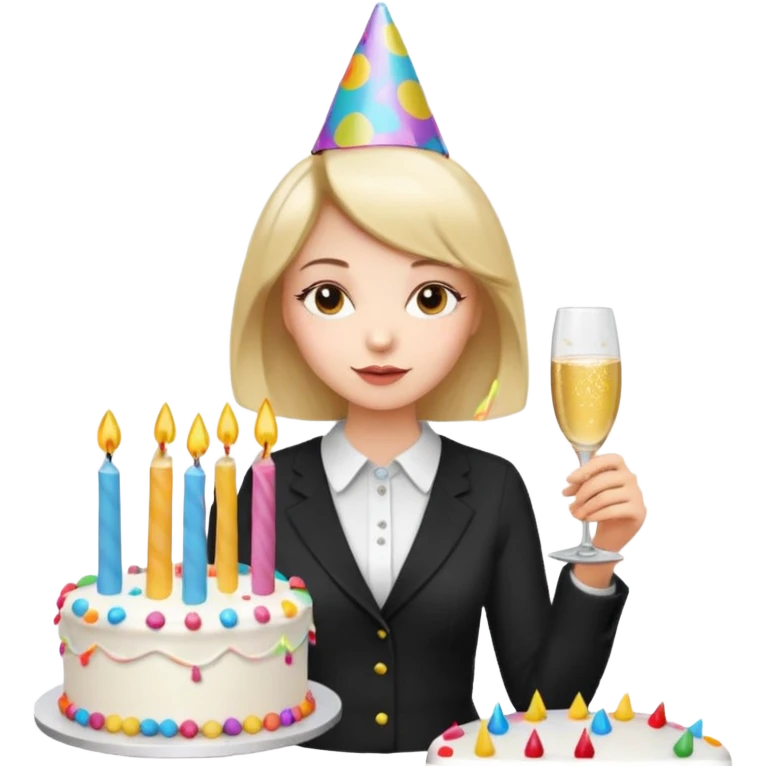 una festa di compleanno con una camicia bianca UNA ragazza con il caschetto e una torta e un cappellino  emoji