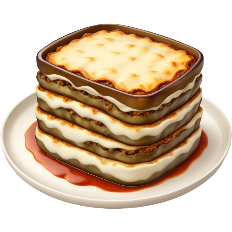 Cinematic Realistic Moussaka Dish Emoji, depicted with layers of eggplant, minced meat, and b√©chamel sauce rendered with rich textures and warm, inviting lighting that captures its Mediterranean flavor. emoji