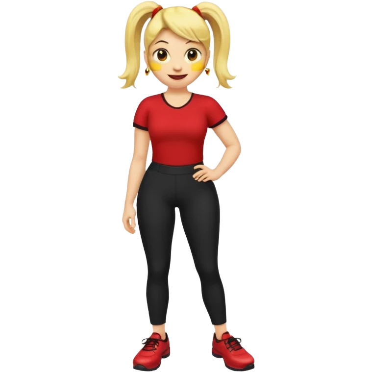 A smiley yellow emoji (like 😊) with a ponytail, red shirt, big breasts, black pants, ass and red shoes emoji