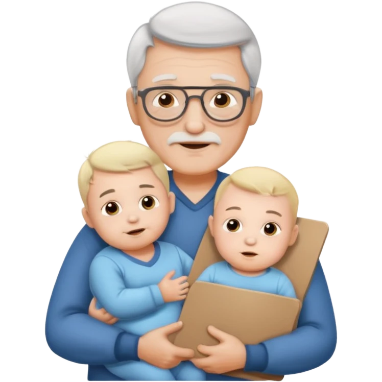 Young grandpa holding one baby holding a sign emoji