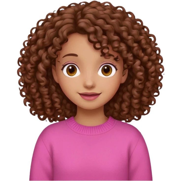girl with curly brown hair and pink jumper, cheerful expression emoji