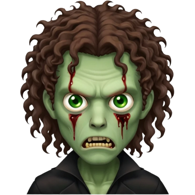 long curly haired male zombie with brown hair color and green eye color, with dark vampire clothes and angry face emotion emoji