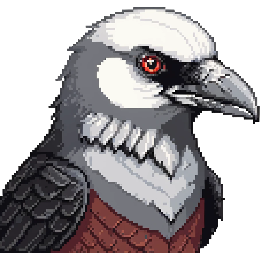 detailed gray crow head, reddened cheeks, big white eyes with determined look, short pointed beak emoji