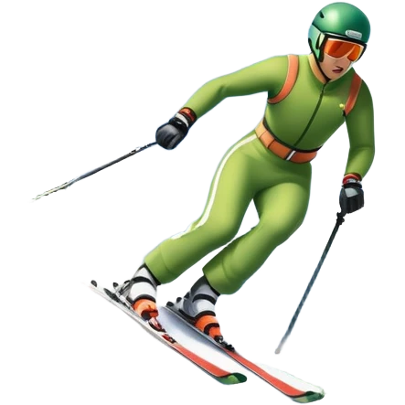 An icon featuring snowy peaks, pine trees, and a picturesque mountain landscape with a skier racing down a snow-covered slope, The sky is blue with soft clouds, capturing the thrill and beauty of alpine skiing. Transparent background highlights the excitement and serenity of winter sports. emoji