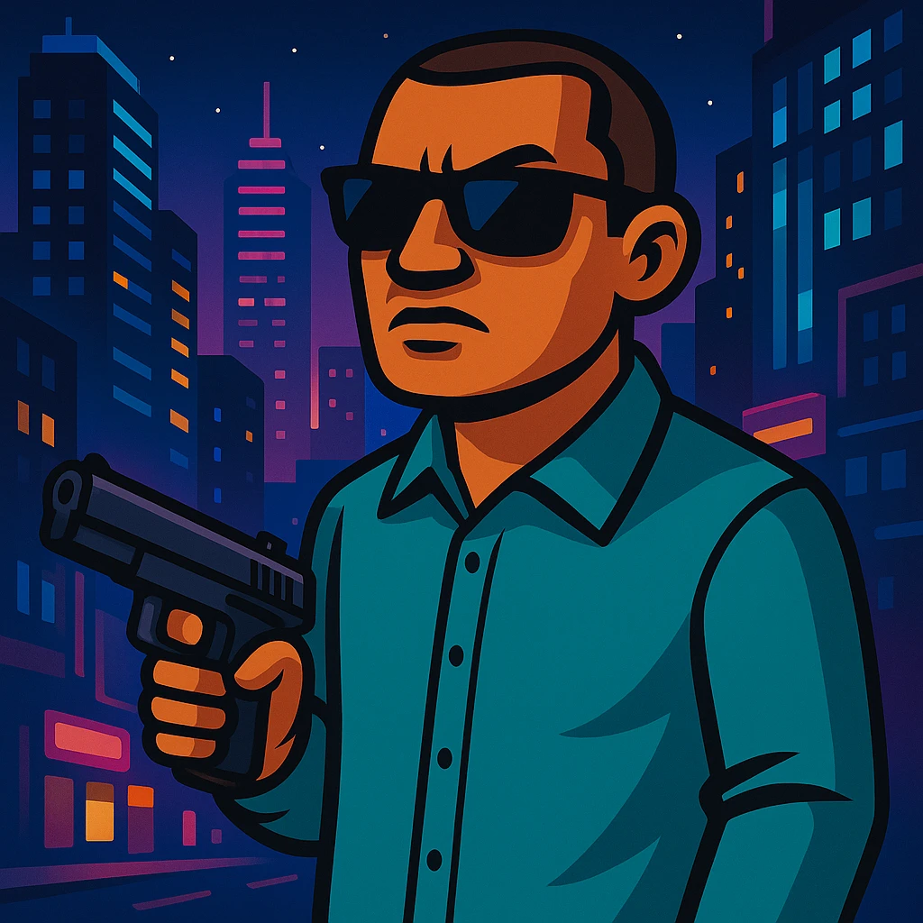 Change background to a vibrant night city, keep GTA character with gun in foreground. Maintain the original style and details of the character while updating the background to a vibrant night cityscape. emoji