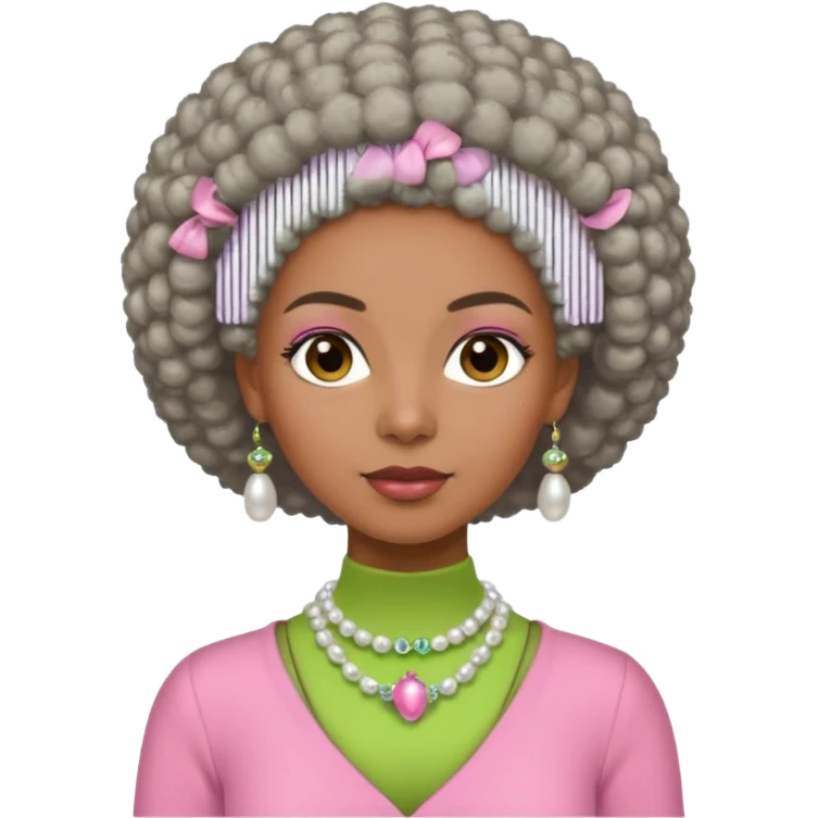 Brown woman with short gray Afro  wearing pink and green outfit and pearl necklace  emoji