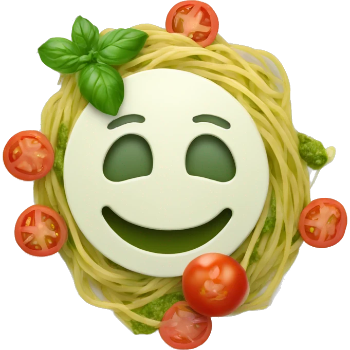 A plate with spaghetti with green pesto with mozarella and tomato  emoji