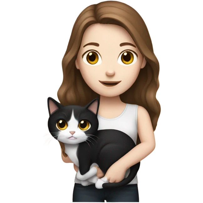 White girl brown hair with a cat black and white  emoji