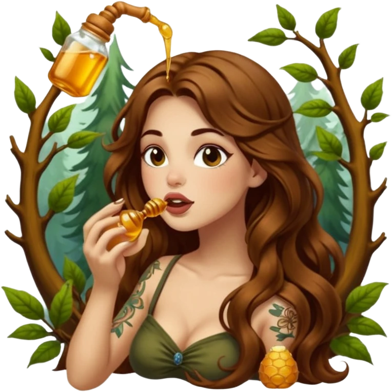 forest mystic woman long wavy brown hair tattoos licking honey from finger flirty emoji