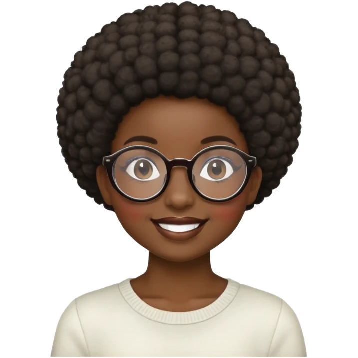 Girl showing happiness, dark skin, short afro, round glasses emoji