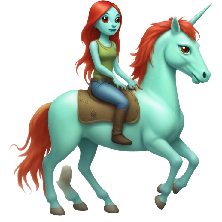 [politically incorrect
	{ female: alien, color: light green, hair:red, eyes:cat} ]
	on a 
	[{ unicorn: white, legged:four, mane: light blue }] emoji