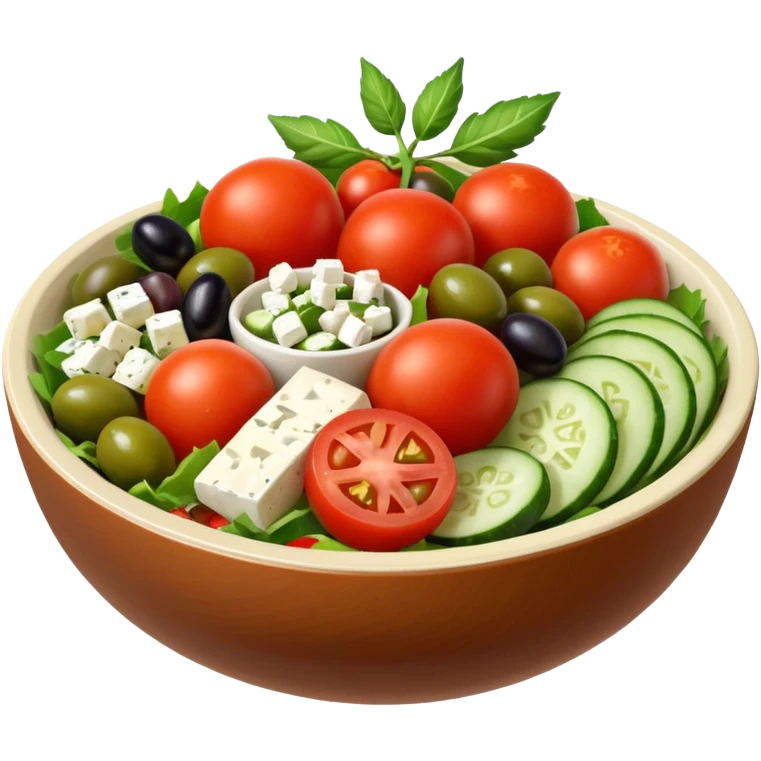 mediterranean salad bowl object icon, tomatoes, cucumbers, olives, feta cheese, olive oil dressing, 3D cartoon, mobile game icon style, clean background, no text, no watermark
 emoji