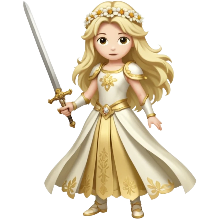 Lumine (from Genshin Impact) White and golden clothes, blonde, long-haired, with a big flower hair clip, and wielding a sword (full body) emoji