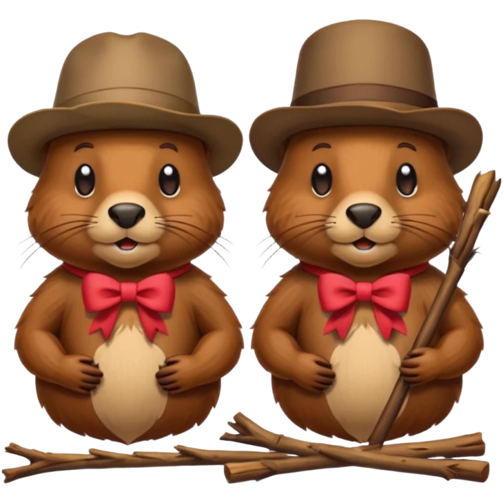 add a bow on the head of one beaver with another beaver without a bow on its head in a lodge of sticks and logs emoji