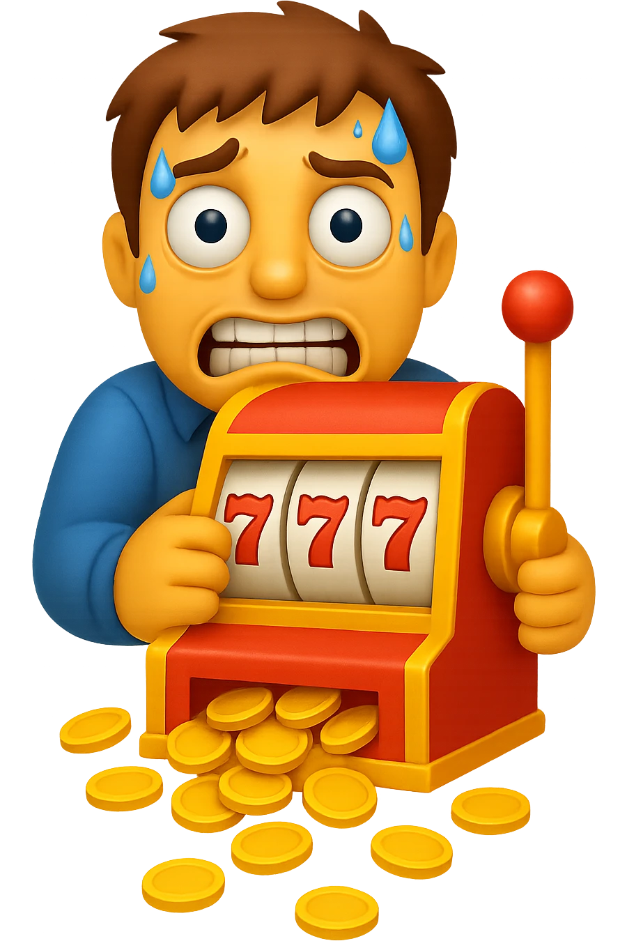 Make the man look even more desperate with wild eyes, frantic expression, sweating, clutching the slot machine, coins spilling out. Style: apple emoji style. emoji