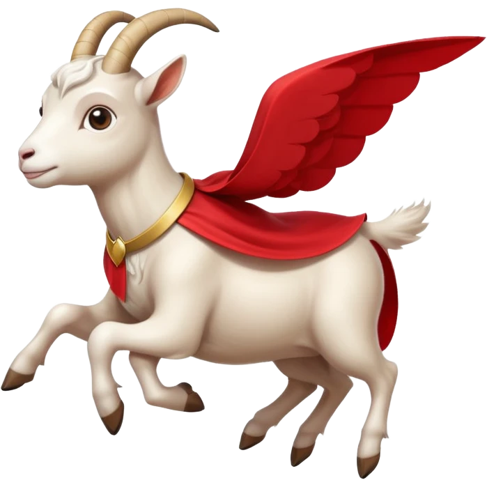 side view of white female goat wearing a read cape like superman emoji