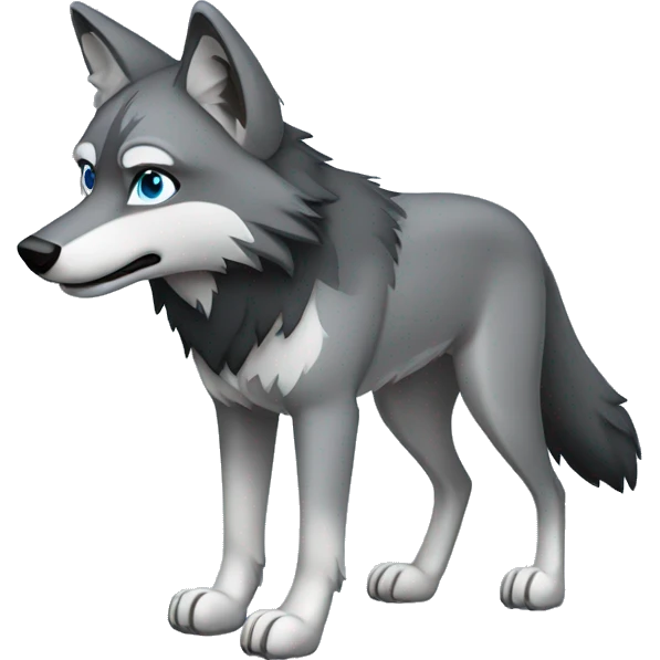 Full-body Grey wolf with black paws, black muzzle, black tail. with blue eyes. full body emoji