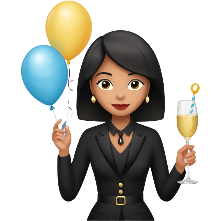 Emoji-style illustration of a funny woman in black funeral outfit holding a prosecco glass, balloon with number 29, ironic birthday funeral theme, playful expression, flat emoji design, pastel tones, high resolution emoji