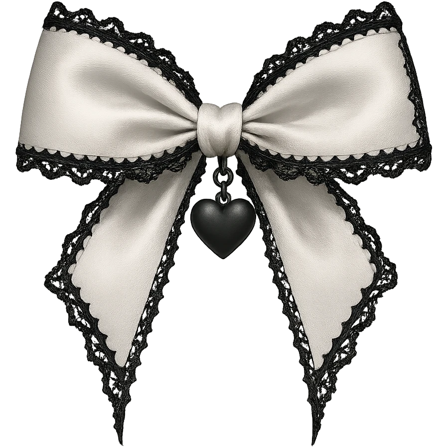 Edit the image to depict a white gothic bow with black lace trim and a heart charm, in a general style. Remove the background. emoji
