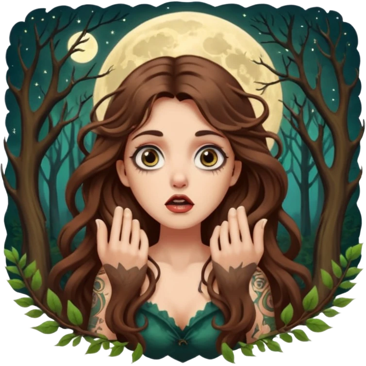 shocked forest mystic woman long wavy brown hair tattoos wide eyes moon glow emoji