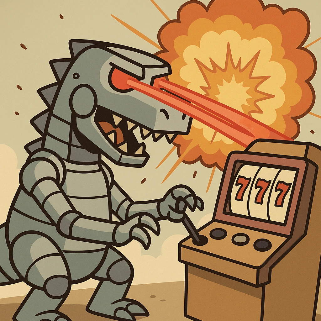 robot dinosaur shooting lasers from its eyes while playing a slot machine, with a big explosion in the background, cartoon style emoji