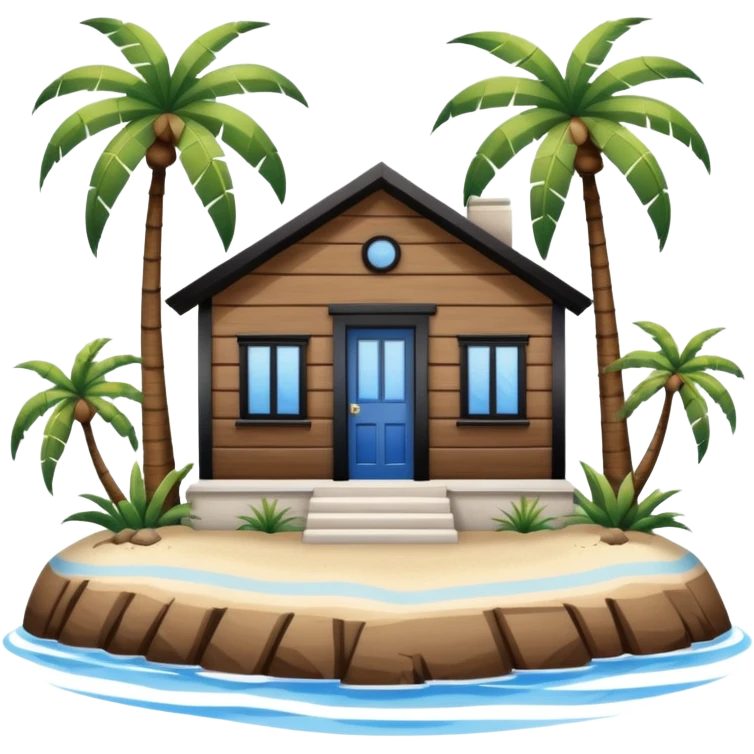 A full square no roof  white and blue stripe house horizontally with brown wooden door on a island with palm trees  emoji
