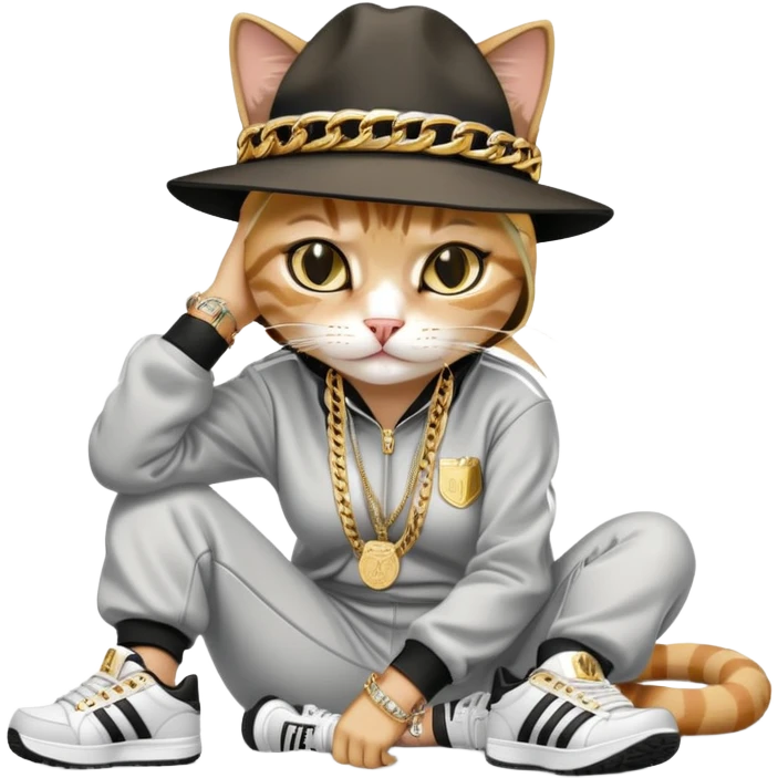 female cat lying down horizontally on the ground, crying, wearing Run DMC hip-hop outfit with tracksuit, fedora, Adidas sneakers, many gold chains, rings, bracelets, flashy earrings, no sunglasses emoji