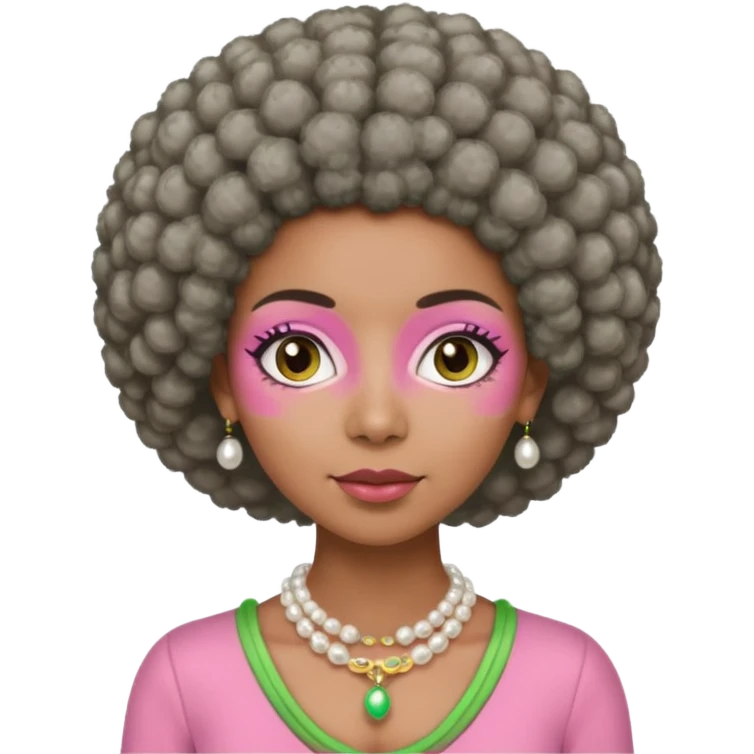 Brown woman with short gray Afro  wearing pink and green outfit and pearl necklace  emoji