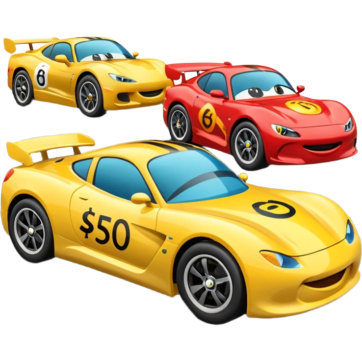 Two emoji-style cars racing toward a finish line labeled “$20K”, one labeled “$500/mo” and the other “$1000/mo”, energetic motion and speed lines emoji