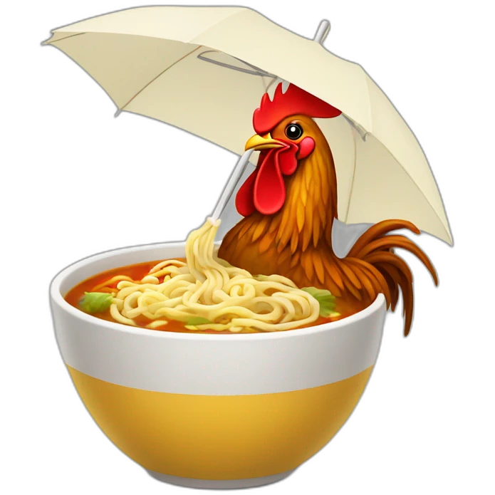 rooster eating noodle soup from umbrella emoji