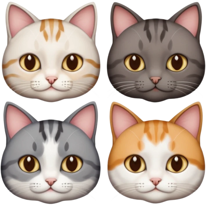 4 different coloured short haired cats including; a dark brown tabby and white cat, and a dark grey and white  emoji