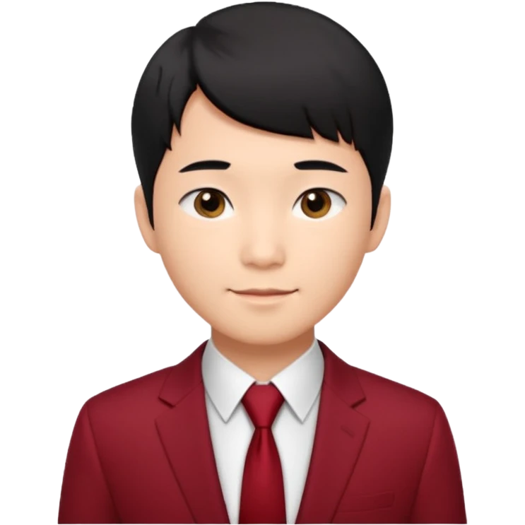 handsome Asian man emoji, short black hair with soft fringe, clean and elegant look, fair skin, gentle smile, wearing dark red suit and white shirt emoji