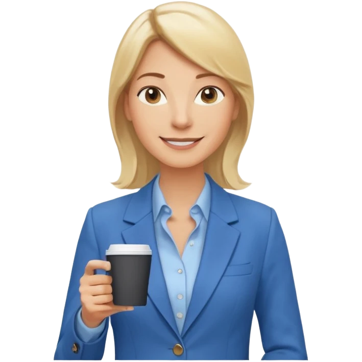 Confident and outgoing female entrepreneur, Caucasian features, shoulder-length blonde hair, big friendly smile, expressive eyes, wearing a blue blazer over a light blue blouse, holding a smartphone in one hand and a coffee cup in the other, waist-up, front-facing emoji