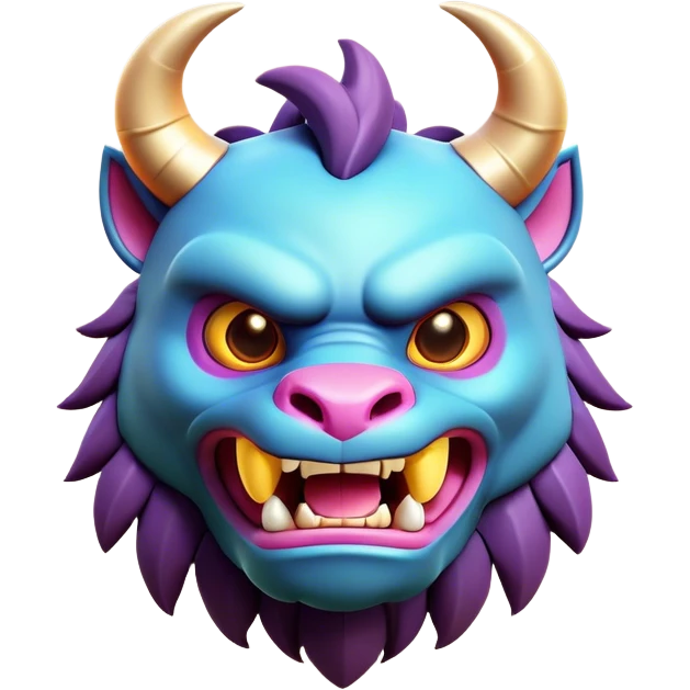 Clash of Clans aesthetic: Cinematic Playful Beast Emoji, rendered in a 3D vector-style similar to standard emojis with minimal shading and bold, simplified shapes. A compact, isometric mythical creature with wild, majestic features and fierce yet endearing eyes, softly glowing with a primal enchanted charm. Simplified yet unmistakably iconic, highly detailed and consistent, glowing with a soft radiant shine and high polish. Stylized with a touch of mythical wildness and a soft glowing outline, capturing the essence of a legendary beast with a friendly, playful allure! emoji