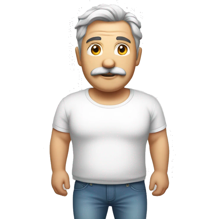 Full body Fat man grey hair mustache in white t-shirt emoji