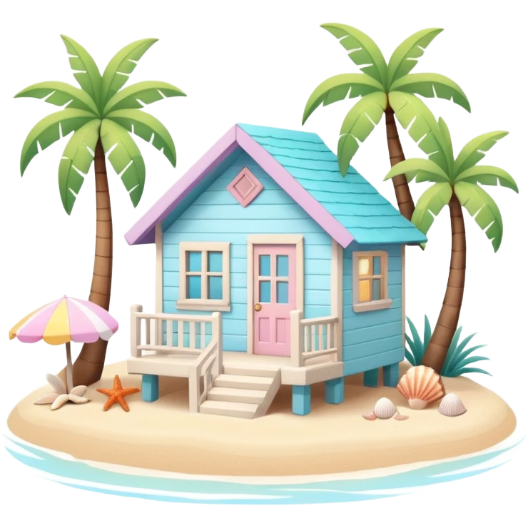 cute beach house, small seaside house, wooden walls, pastel colors, palm trees, seashells, warm sunlight, 3D cartoon, mobile game icon style, soft shadows, clean background, no text, no watermark
 emoji