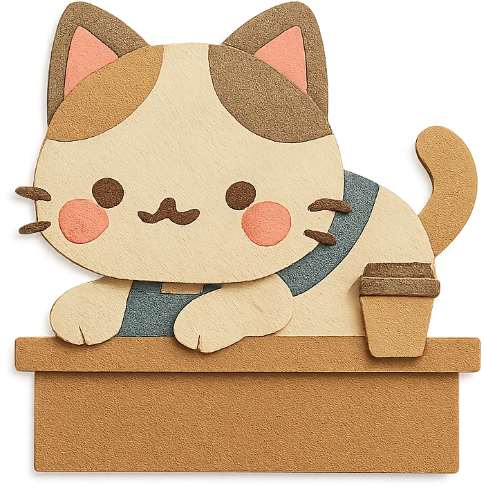 chibi café cat laying on coffee counter, blushing cheeks, soft pastel kawaii style emoji