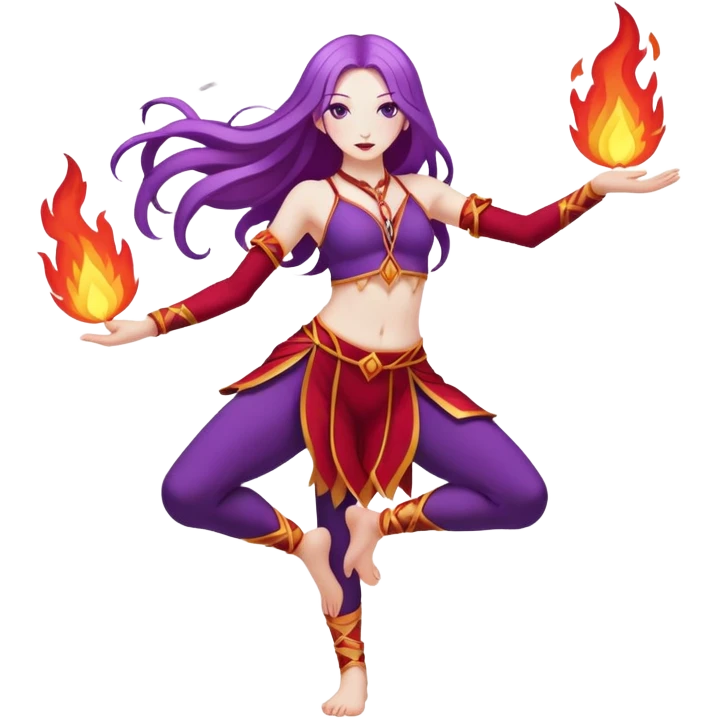 Full body Poi fire dance performer pale skin with long purple hair red clothes emoji