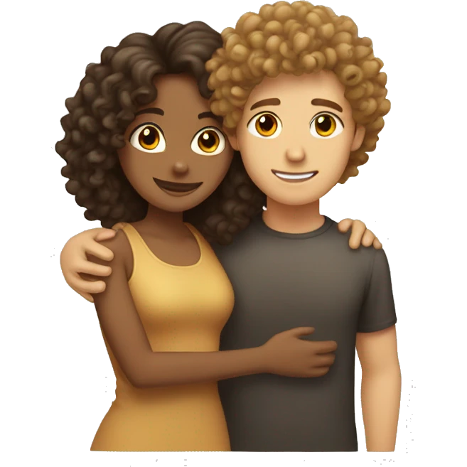 Tan boy curly hair hugging tan girl straight hair emoji