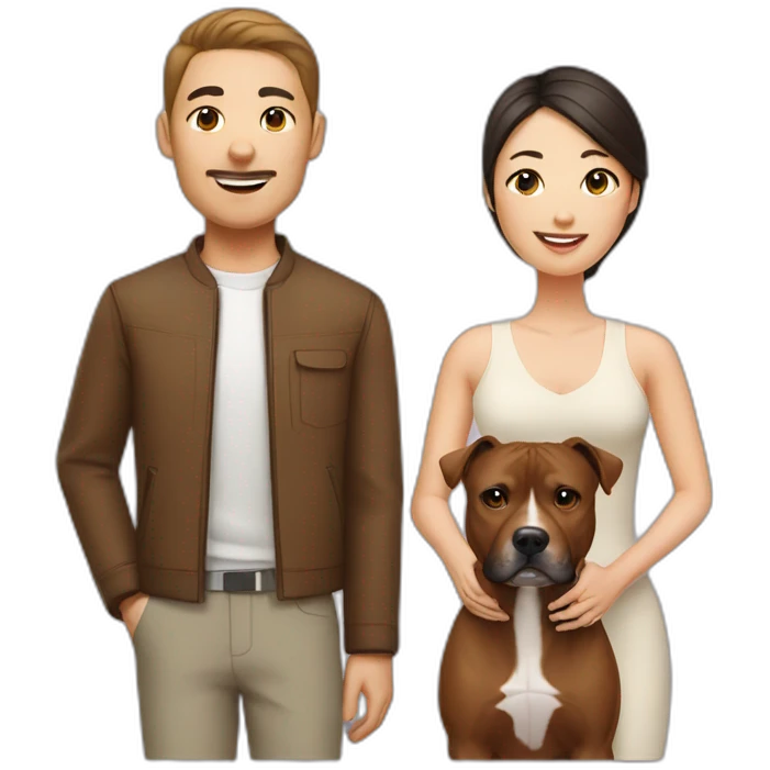 man and Chinese lady with brown Staffordshire terrier dog emoji