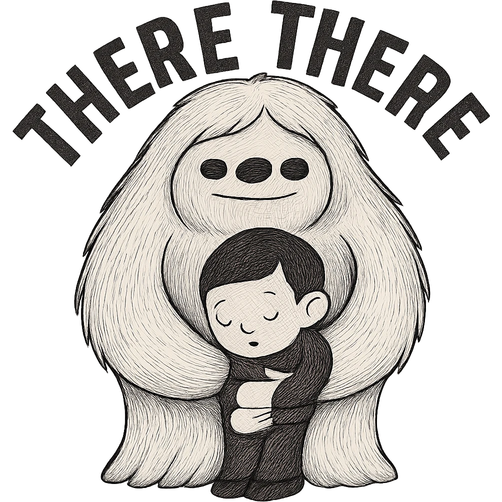 Further reduce the image file size while keeping the background transparent and preserving the 'there there' text through the head of the Abominable Snowman hugging the much smaller kid. Prioritize file size reduction. emoji