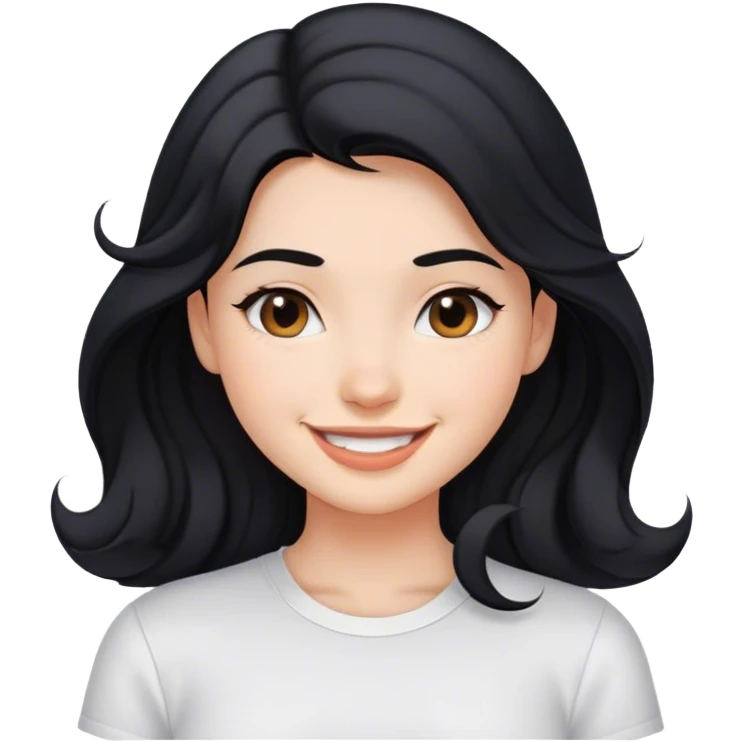 girl with her black hair below her shoulders and soft waves in her hair, smile, white shirt emoji