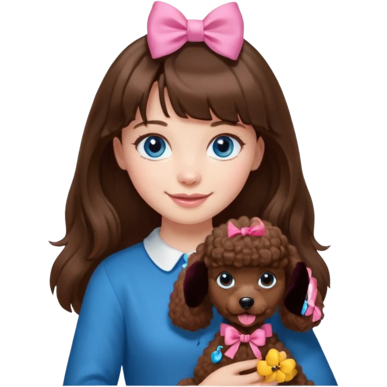 dziewczyna, długie brązowe włosy z grzywką i niebieskie oczy trzyma na rękach brązowego pudelka z różową emoji