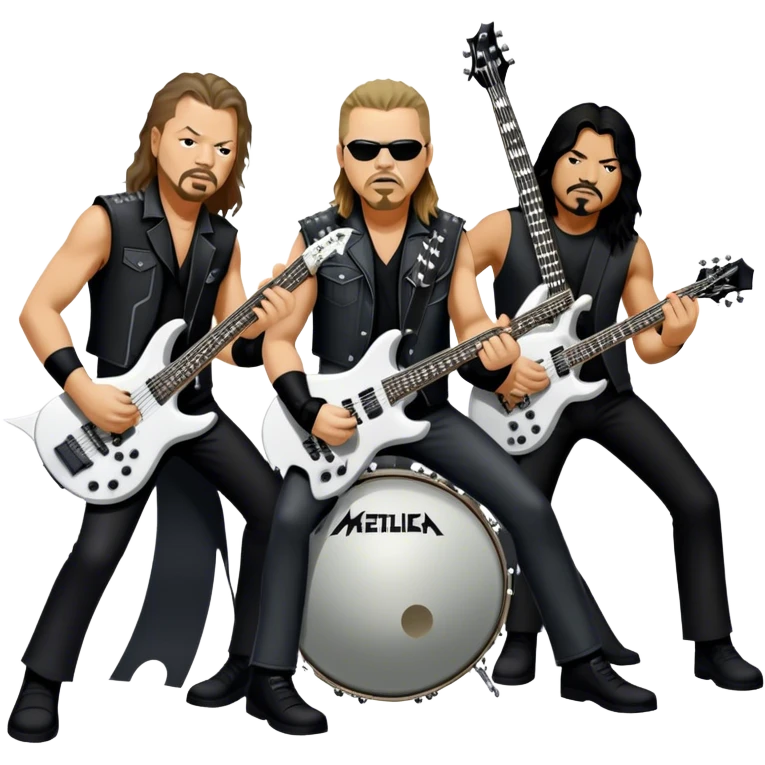 Icon for Metal Music: Metallica band members detailed in their signature look. James Hetfield with guitar, Lars Ulrich on drums, Kirk Hammett with his electric guitar, and Robert Trujillo playing bass. Bold, energetic style with musical notes, all in a heavy metal aesthetic. Transparent background. emoji